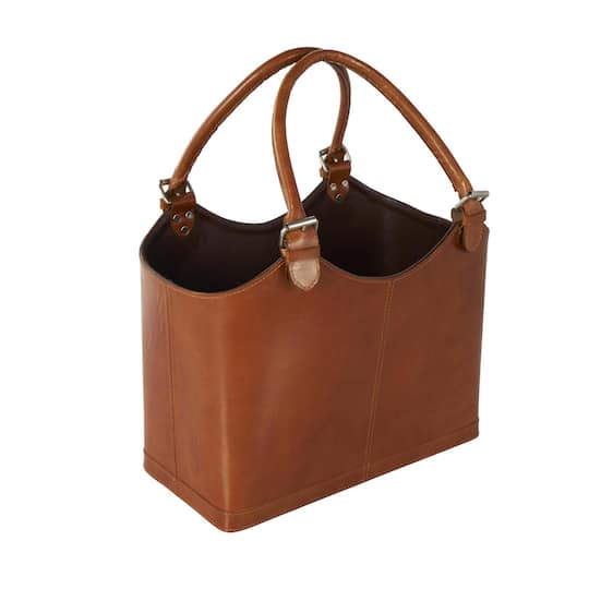 20" Brown Leather Handmade Box Style Single Slot Decorative Magazine Holder with Curved Buckle Handles